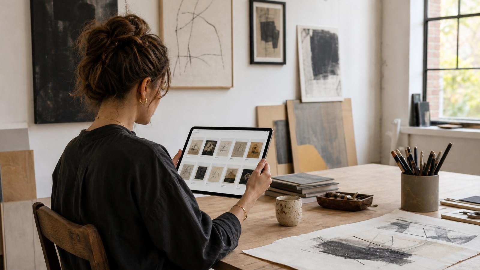Artist reviewing artwork archive software on a tablet in a studio with paintings displayed nearby.