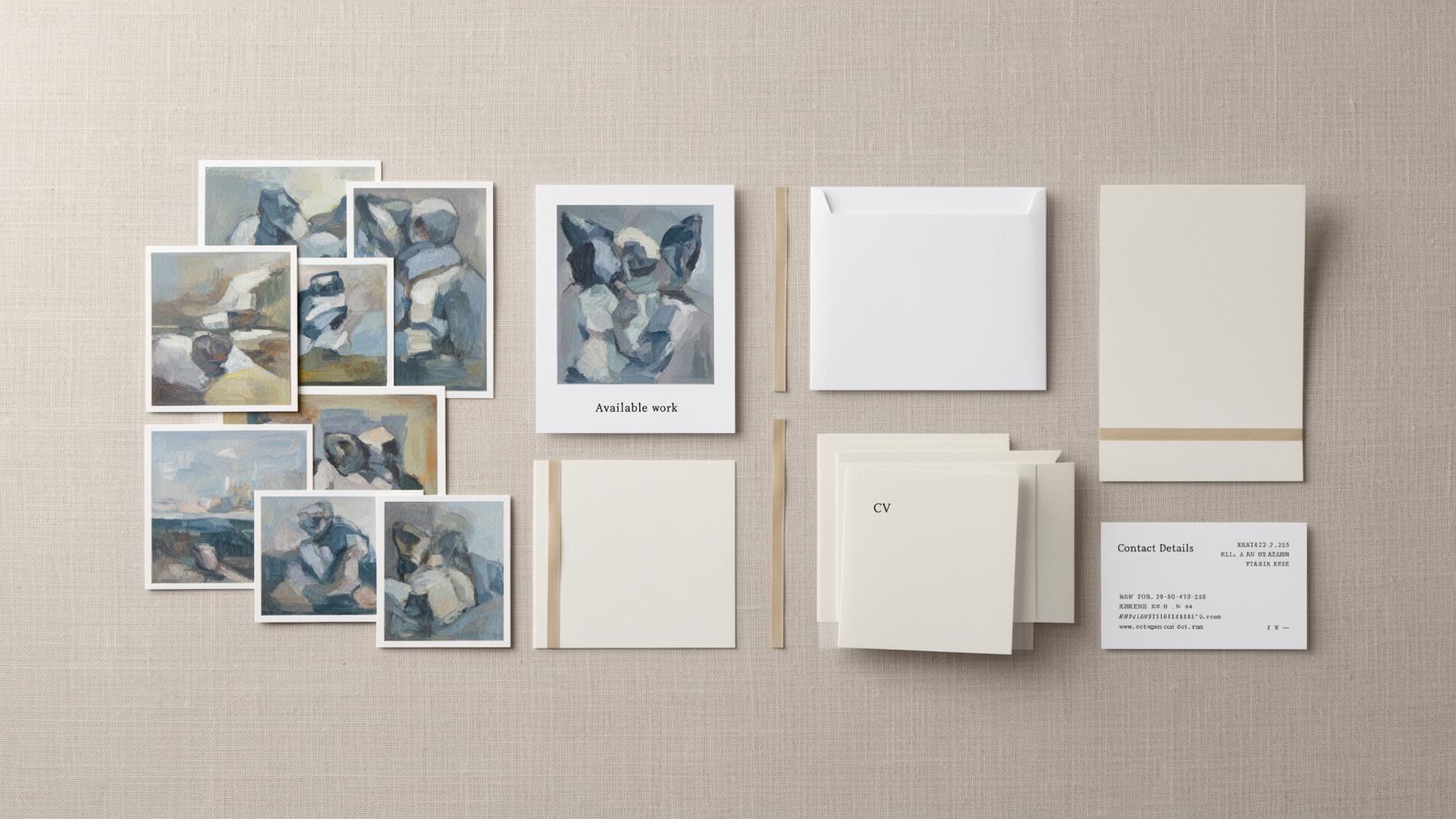 Curated artist portfolio layout with grouped artwork images representing series, available work, statement, CV and contact sections
