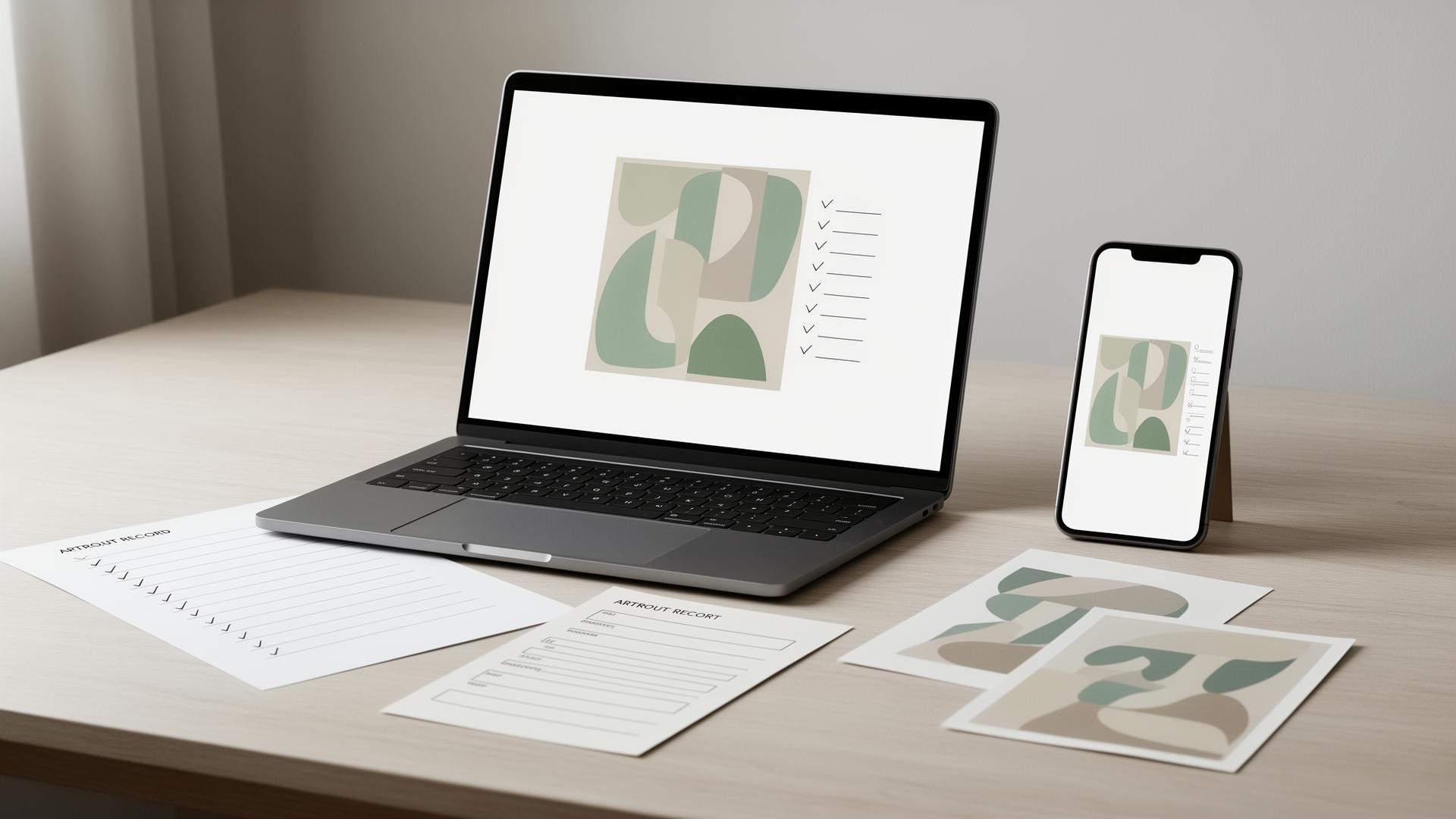 Artist website quality audit with artwork page preview, checklist marks, mobile view and artwork record details