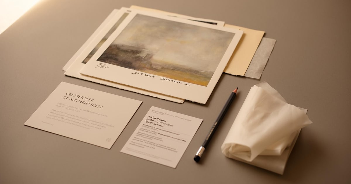 Limited edition fine art prints with pencil edition number, certificate of authenticity and archival paper on a neutral studio table