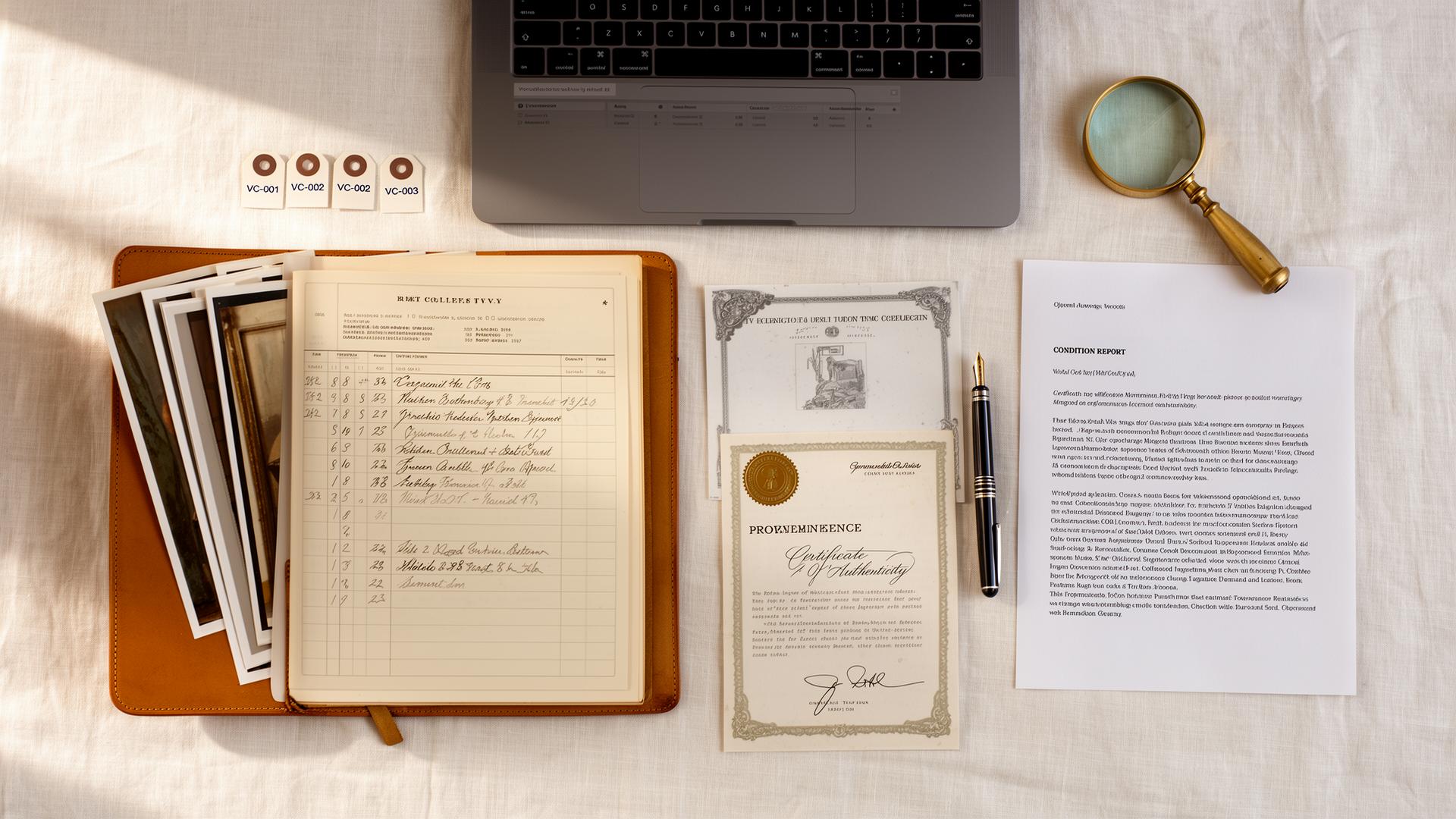 Top-down editorial flat lay showing a leather-bound collection inventory ledger, archival artwork photographs, provenance documents, a certificate of authenticity, condition report, numbered inventory tags and a laptop displaying a collection database, on a warm white linen surface.
