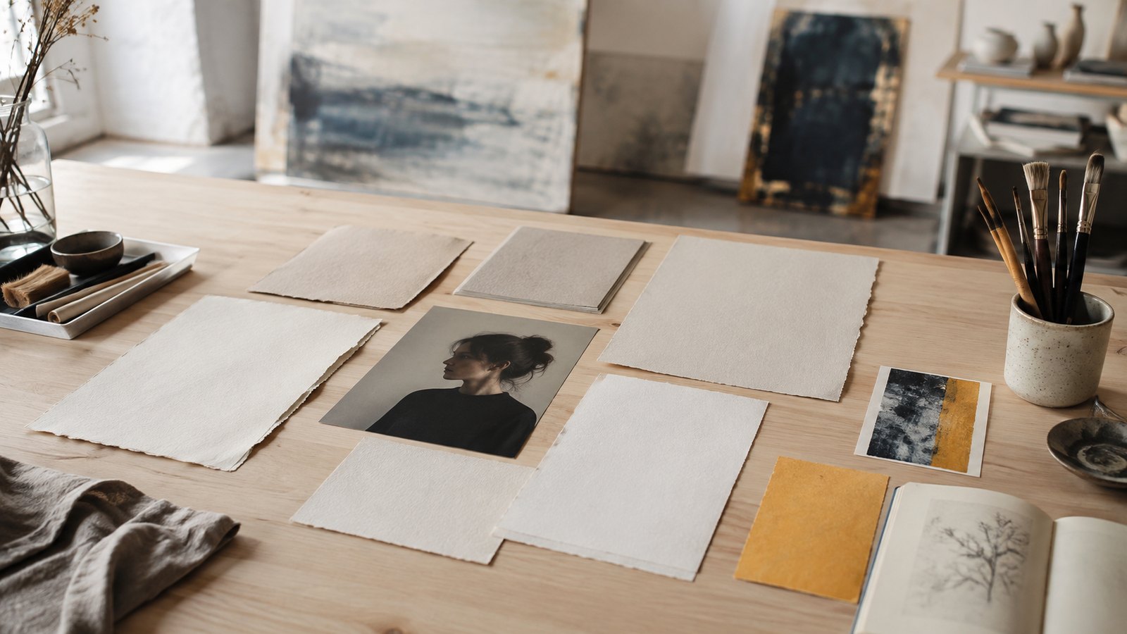 Artist's studio table arranged with papers, a portrait, artwork and brushes.