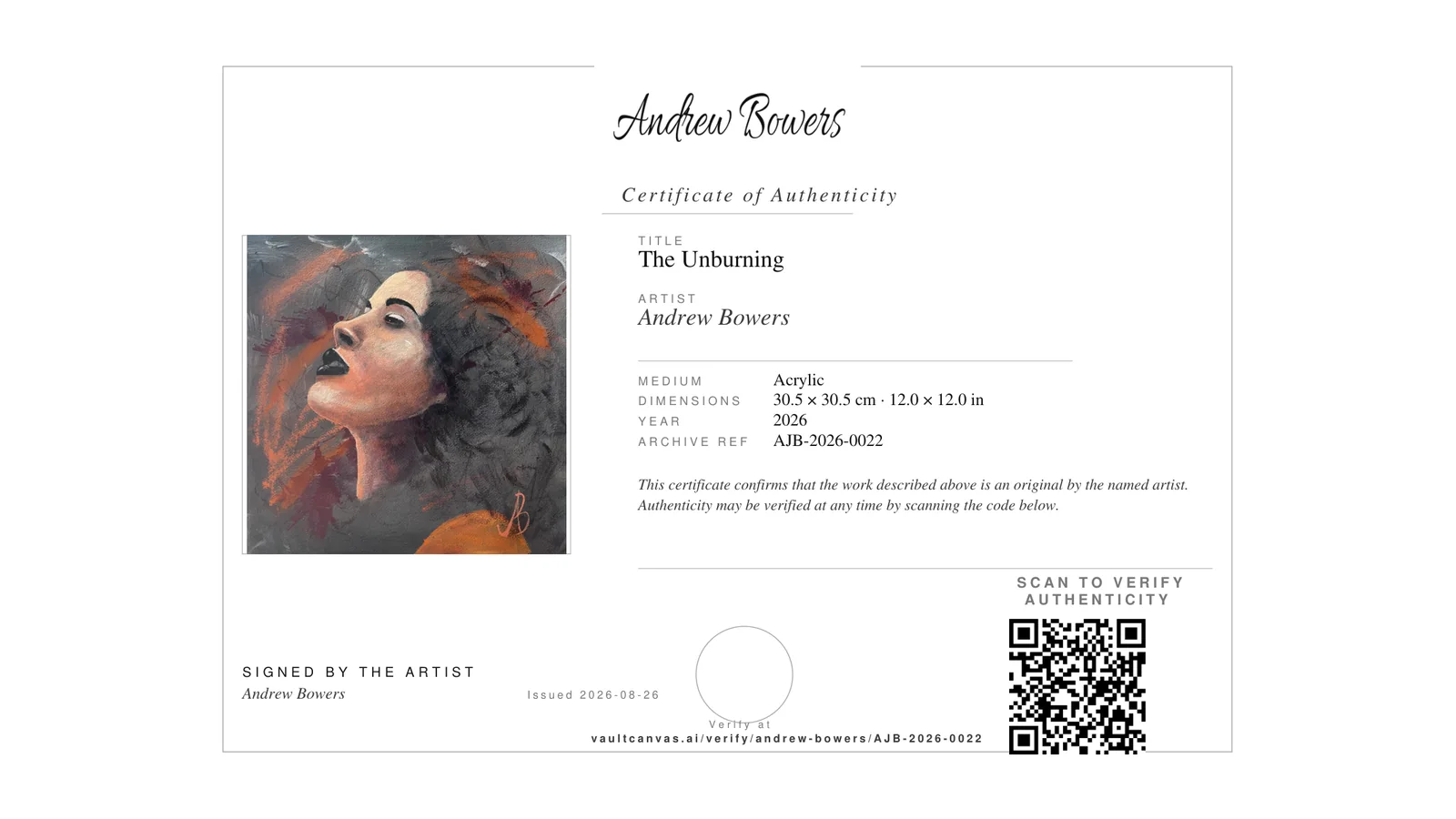 Vault Canvas Certificate of Authenticity for artwork with image, archive reference and a QR code linking to the artwork's public details page