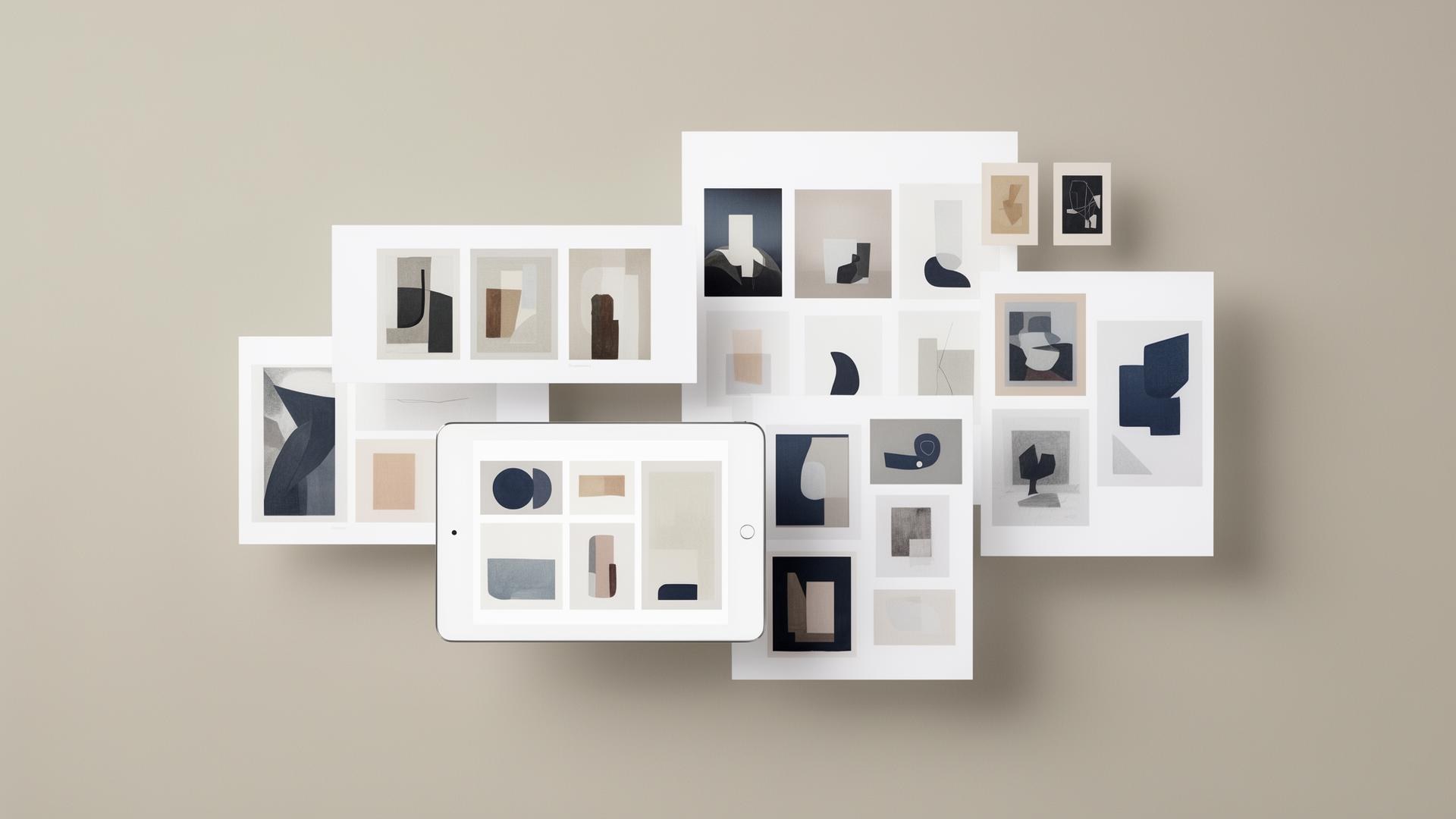 Clean artist portfolio website layouts displayed as abstract screen cards beside artwork thumbnails for comparing portfolio options
