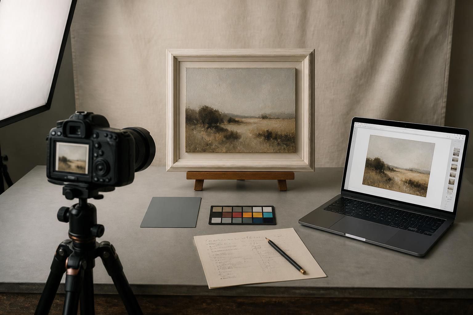 Artwork photography setup with camera, soft lighting, colour reference card, laptop preview and framed artwork on a neutral studio table