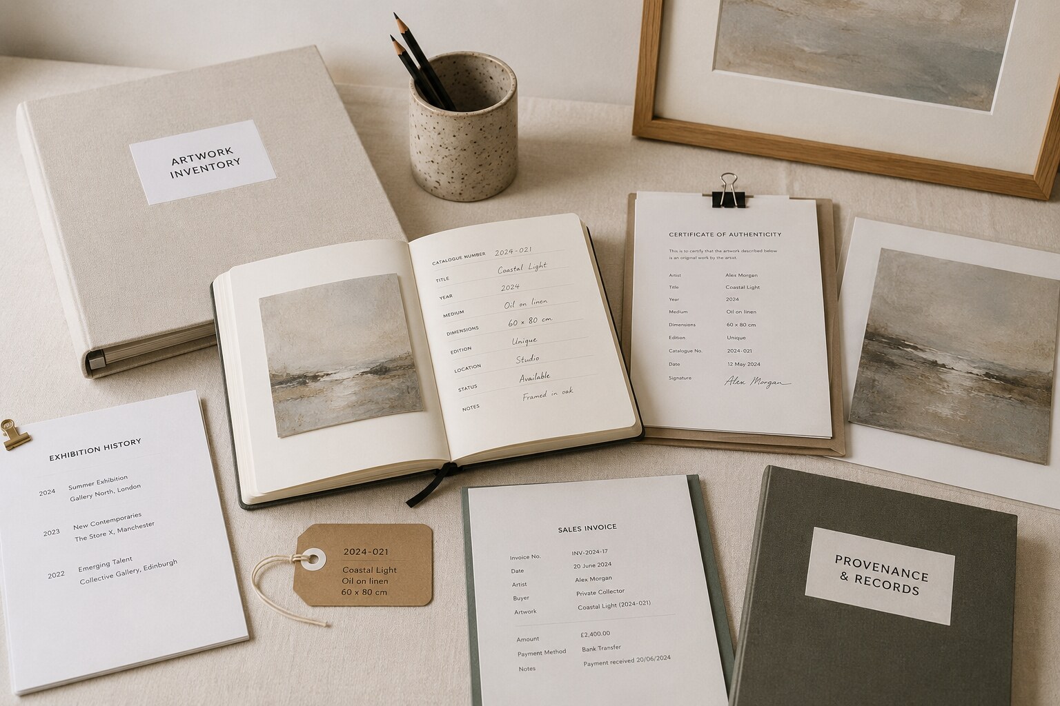 Artwork management workspace with artwork photographs, inventory records, provenance documents, certificate of authenticity, archive ledger and digital archive tools arranged on a studio table.