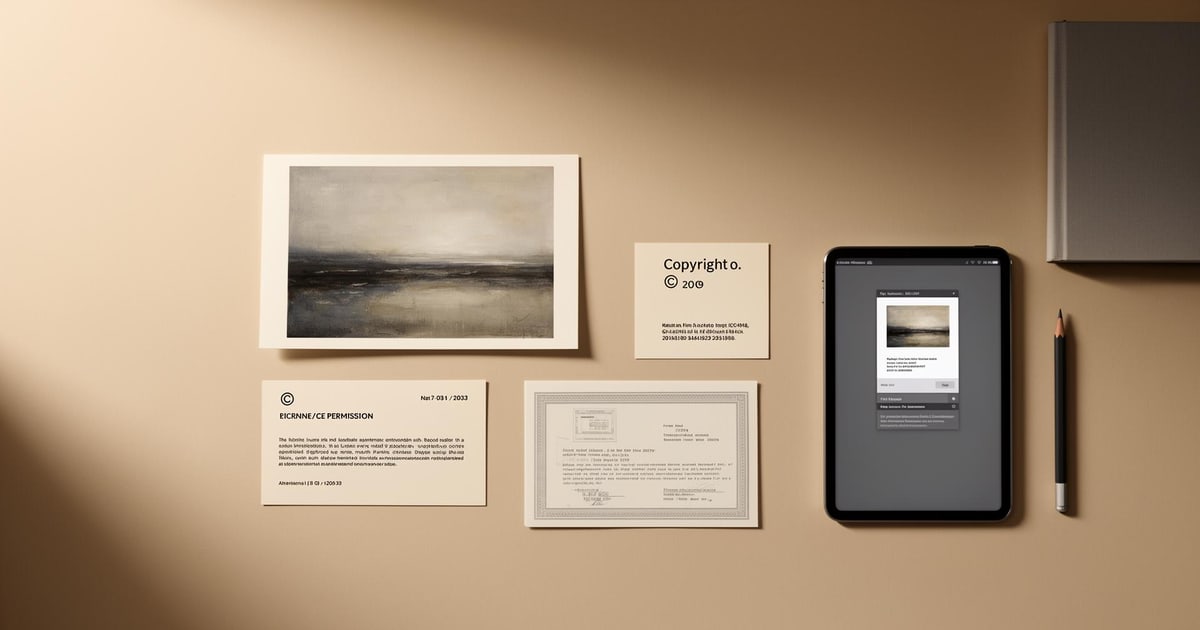 Copyright records for an artist with artwork image, copyright notice, licence notes and digital file reference on a studio desk