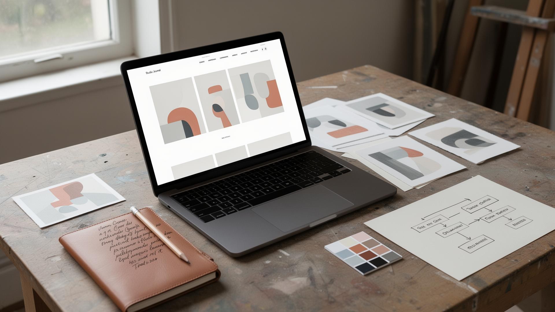 Artist studio desk with laptop showing a clean artwork website layout, artwork prints and notes for building an artist website