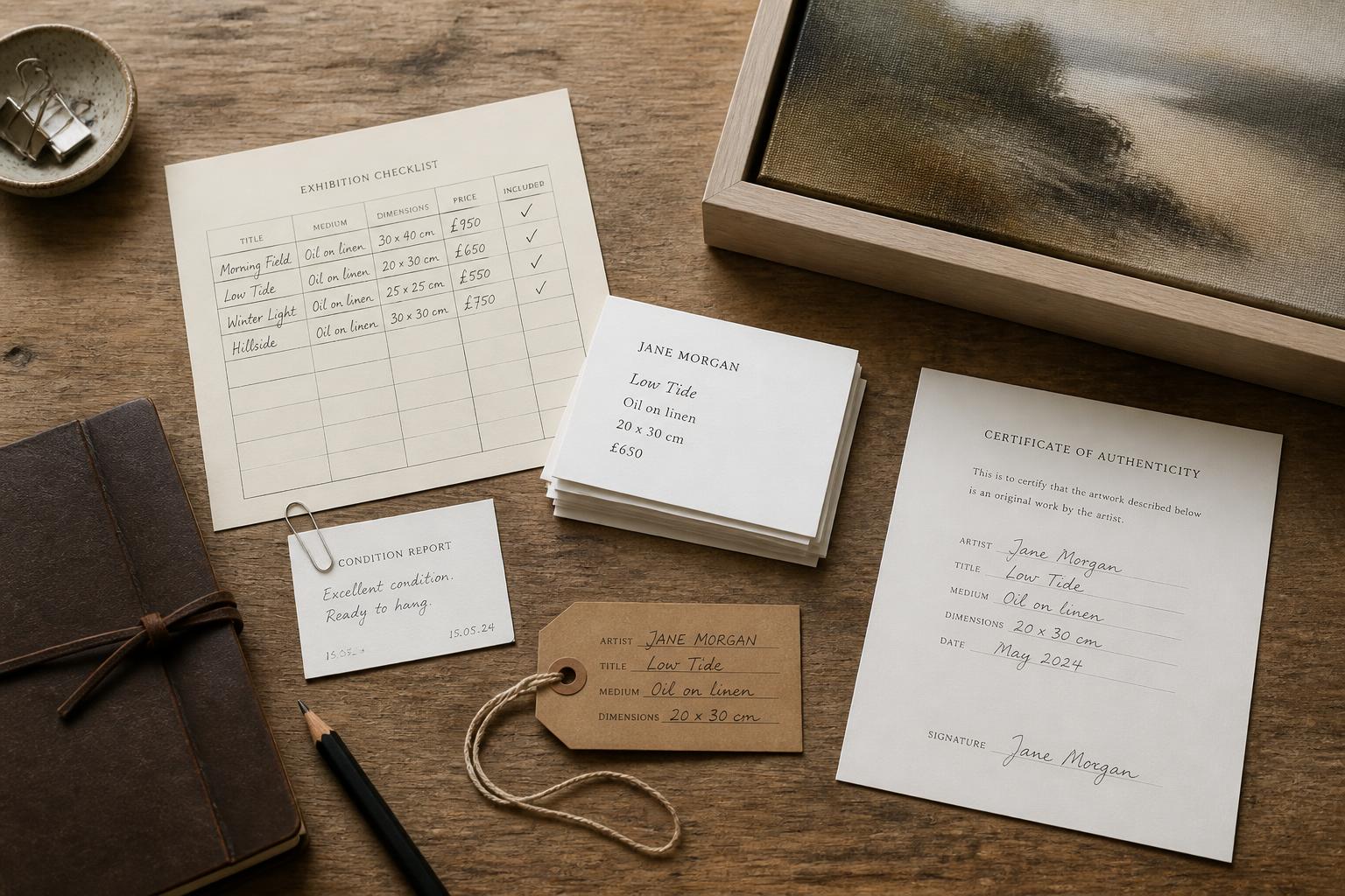 Artwork prepared for an exhibition with printed labels, checklist, certificate, condition notes and framed artwork detail on a studio table