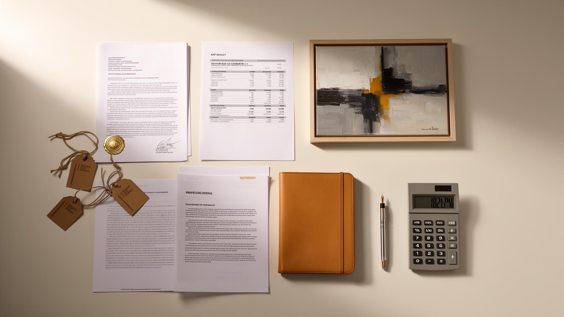 Gallery consignment workspace showing a signed consignment agreement, certificate of authenticity, artwork inventory sheet, commission calculations and a framed painting arranged on a professional studio table.