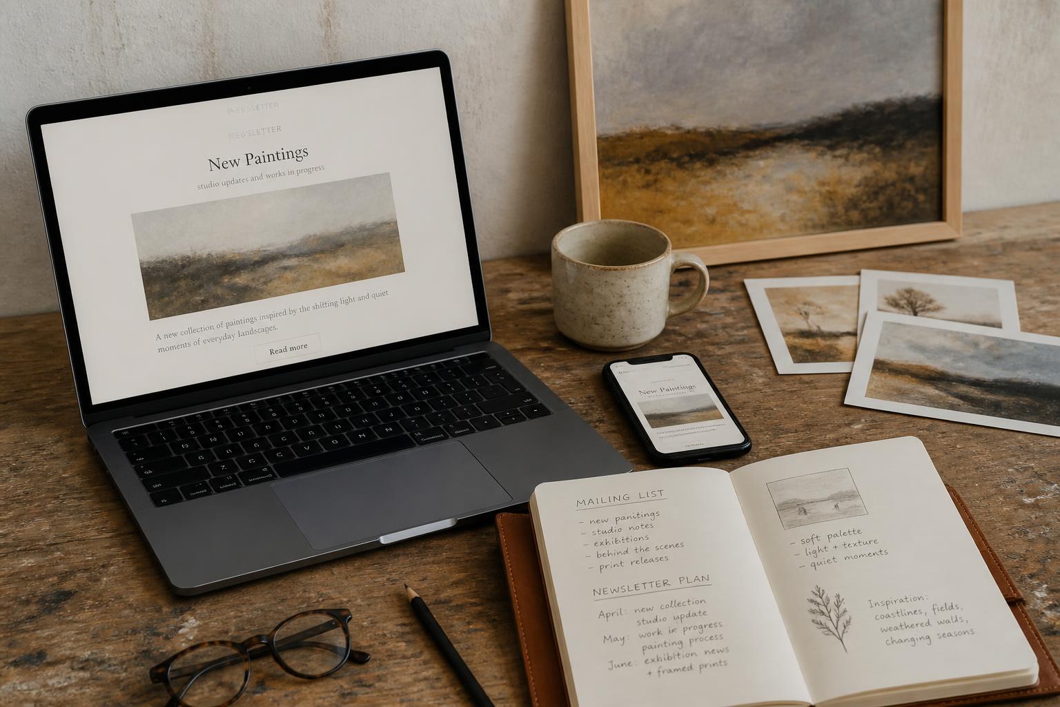 Artist studio desk with artwork images, laptop newsletter layout, phone email preview and notebook plan for an artist mailing list