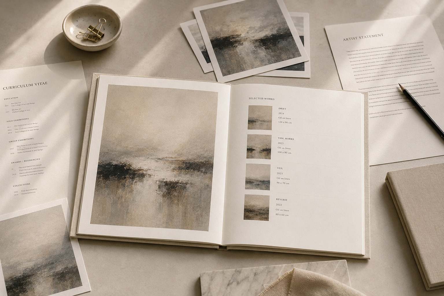 Professional artist portfolio laid open with artwork plates, selected works list, artist statement and CV documents on a neutral studio table