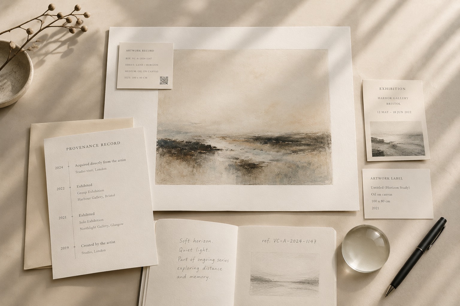 Artwork provenance record with contemporary landscape print, archive documents, exhibition card, artwork label and QR code on a neutral studio table