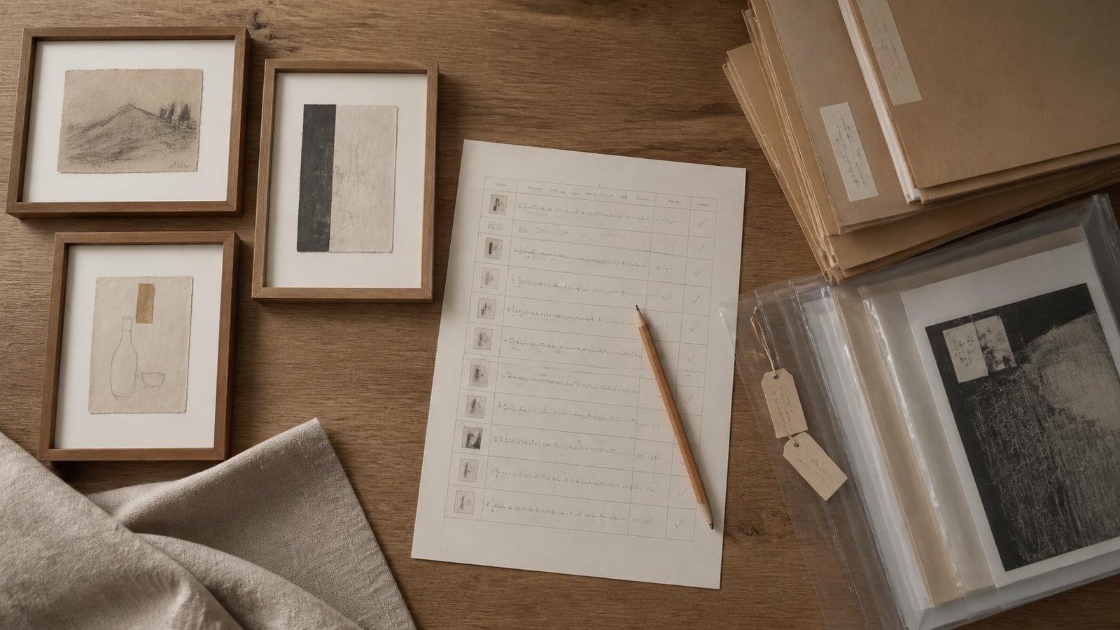Artist studio surface with labelled artwork inventory folders, printed records and small artworks arranged for tracking.