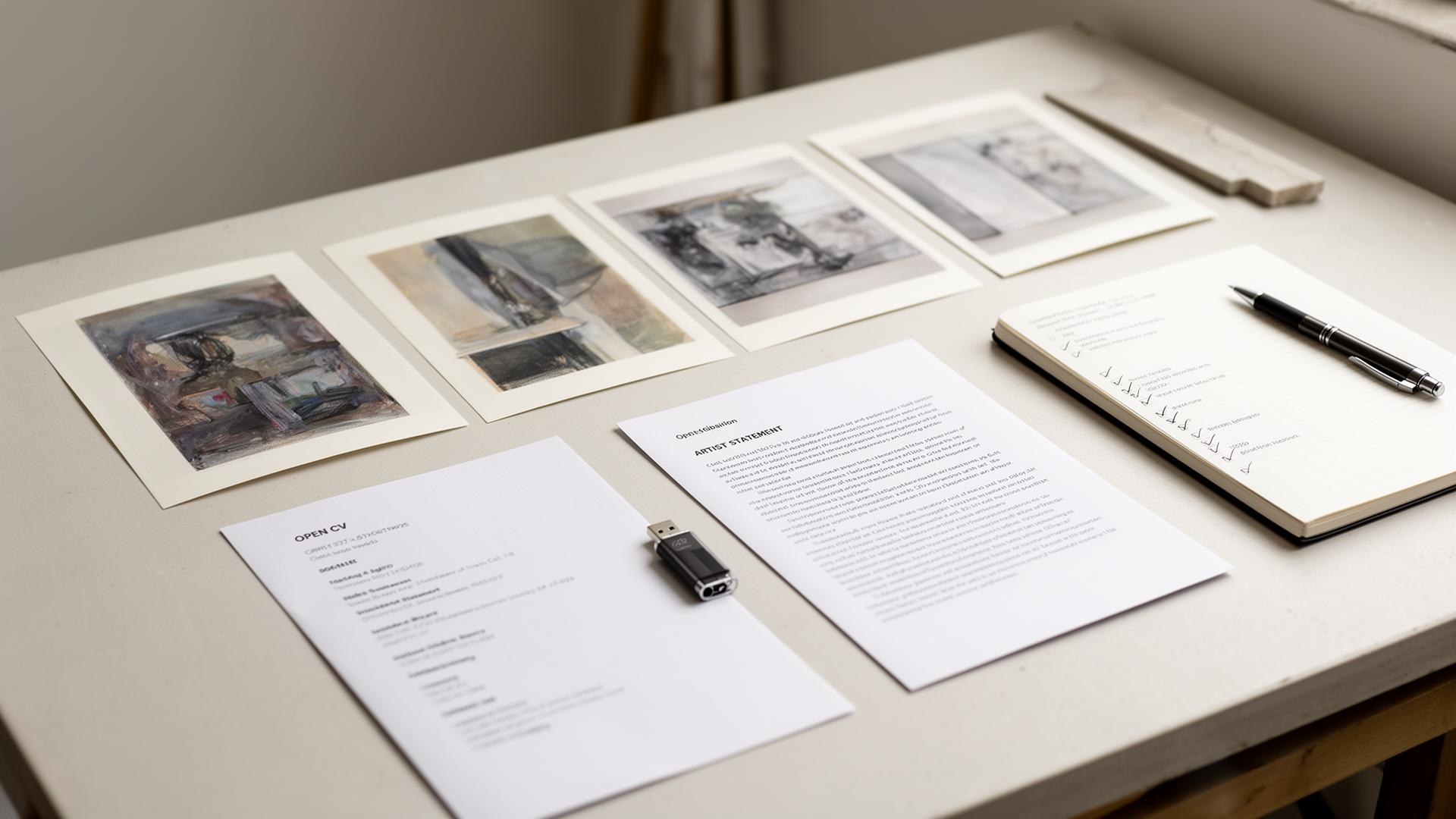 Selection of artwork images, supporting documents and submission materials prepared for an artist open call application.