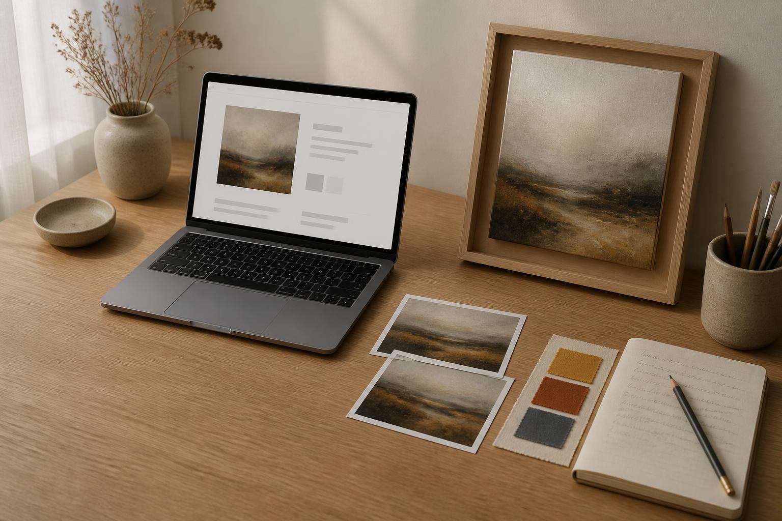 Artist studio desk with artwork images, notes, laptop draft and framed artwork prepared for writing an artwork description