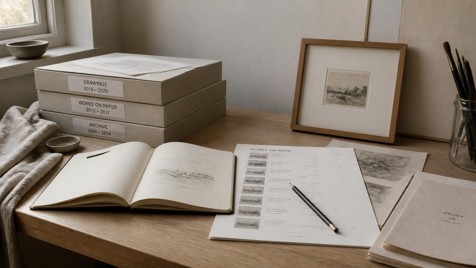 Artist desk with organised artwork records, labelled archive folders and a sketchbook in natural studio light.