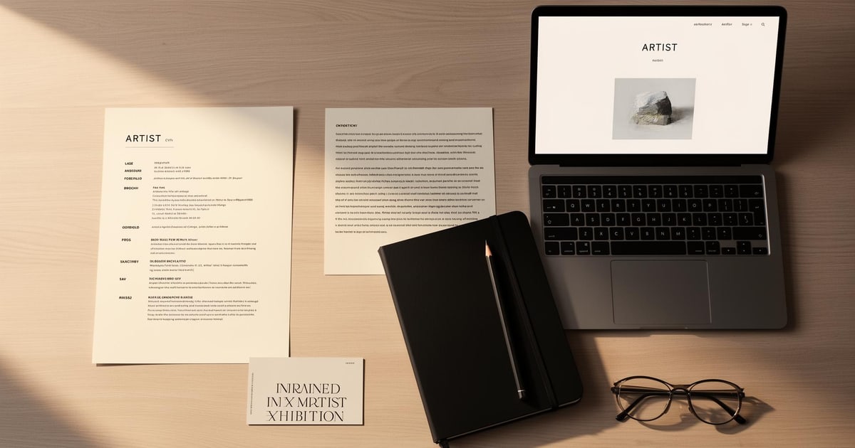 Artist CV and biography documents beside a portfolio website preview, notebook and studio materials on a clean desk
