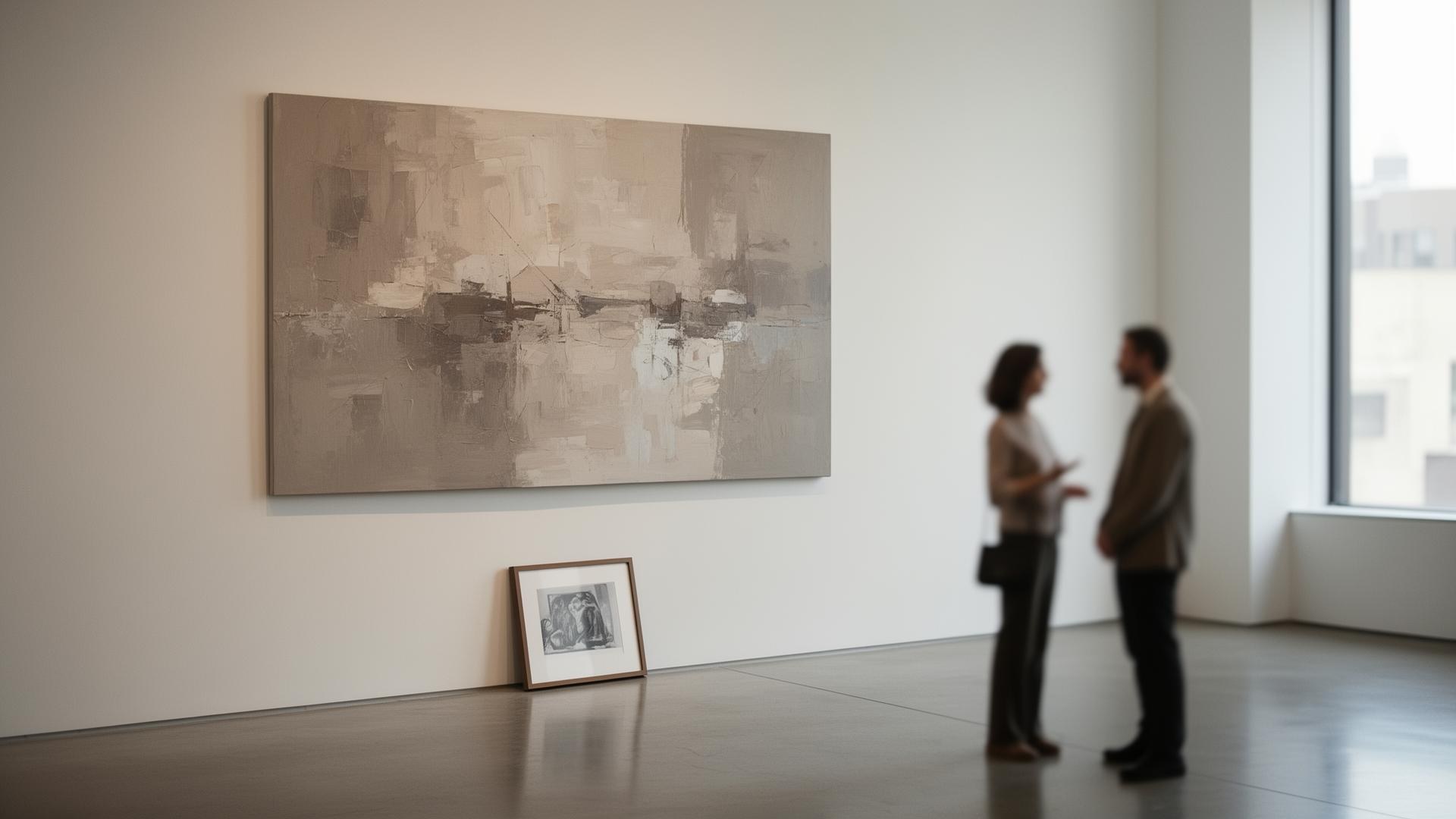 Artist presenting artwork within a contemporary gallery environment during a professional review or submission meeting.