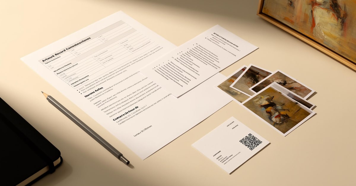Artwork valuation and insurance records with condition photographs, certificate reference and framed artwork detail on a studio desk