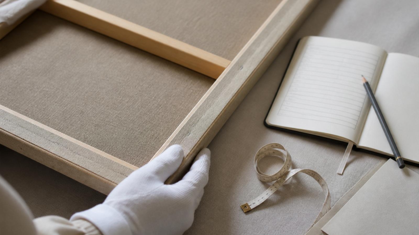 Close-up of artwork verso with a gloved hand, condition checklist, pencil and measuring tape in soft studio light.